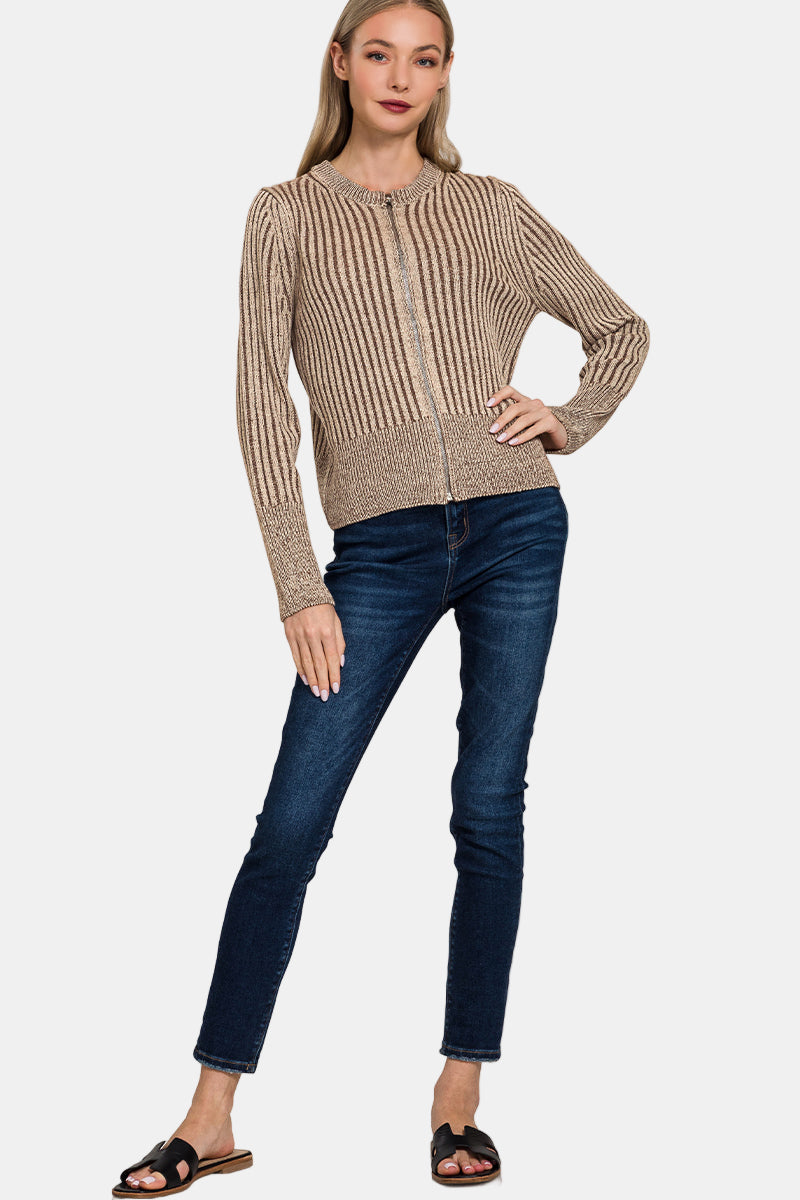 Two Tone Zip Up Sweater / DK GREEN
