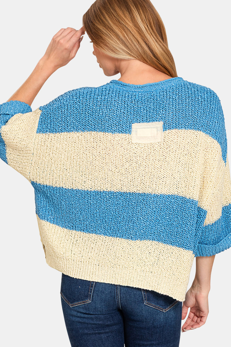 Split Neck Stripe Sweater / BLACK