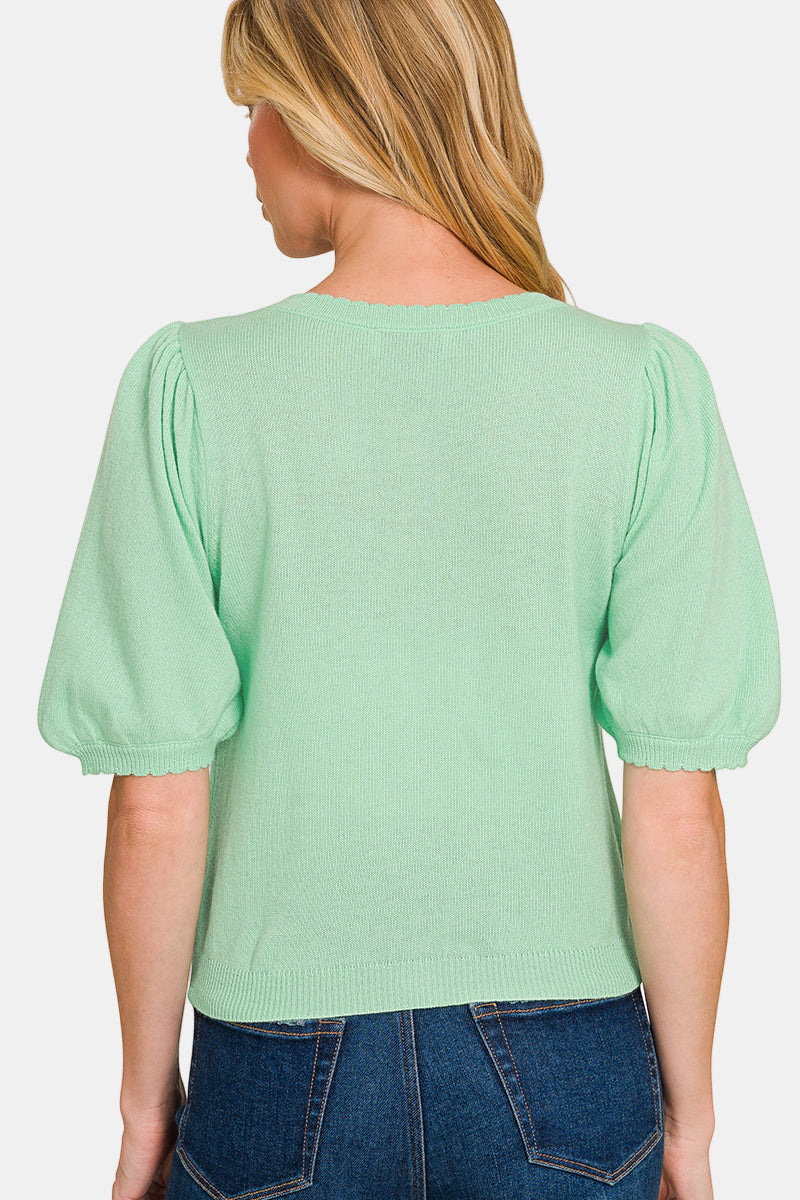 Puff Sleeve Wool Sweater Cardigan / BLACK