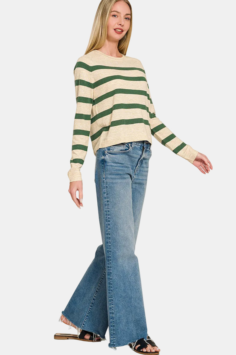 Lightweight Wool Blend Striped Round Neck Sweater / DK BURGUNDY