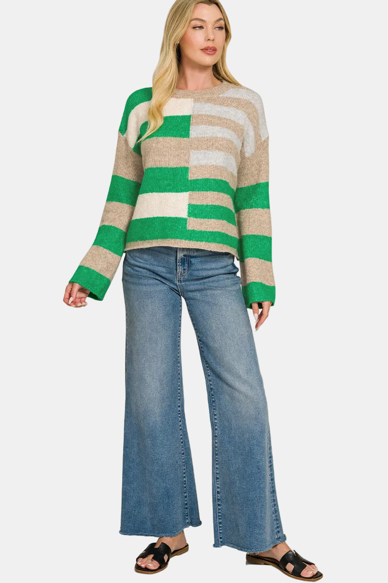 Lightweight Wool Blend Color Block Sweater / SKY BLUE