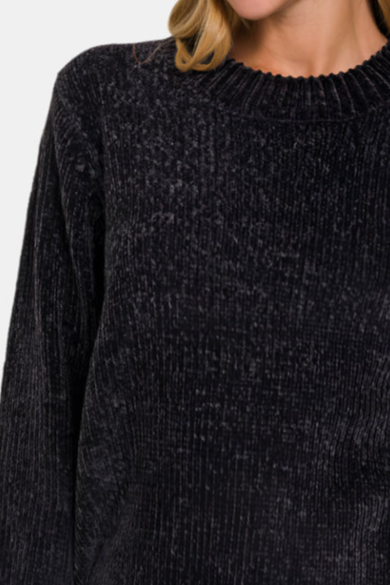 Round Neck Balloon Sleeve Chenille Sweater / BLACK