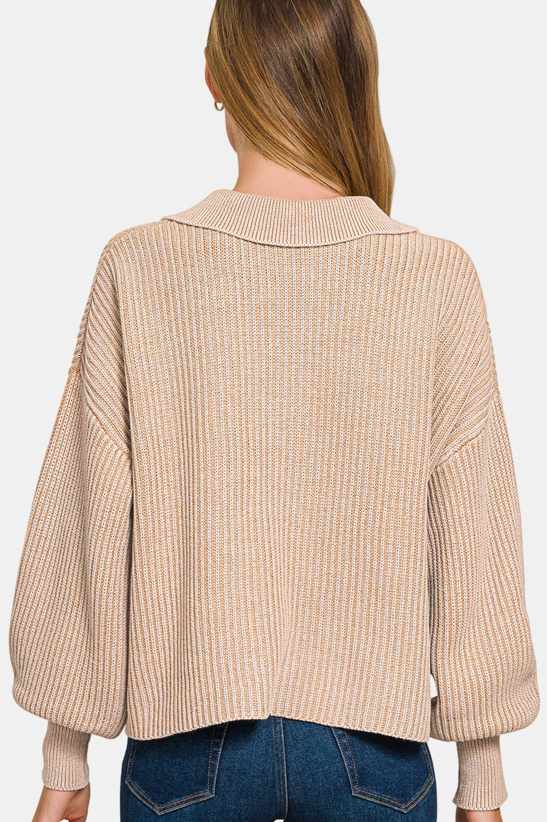 Washed Collared Henley Sweater / BLACK