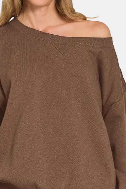 Fleece Boat Neck Sweatshirt & Shorts Set / BROWN