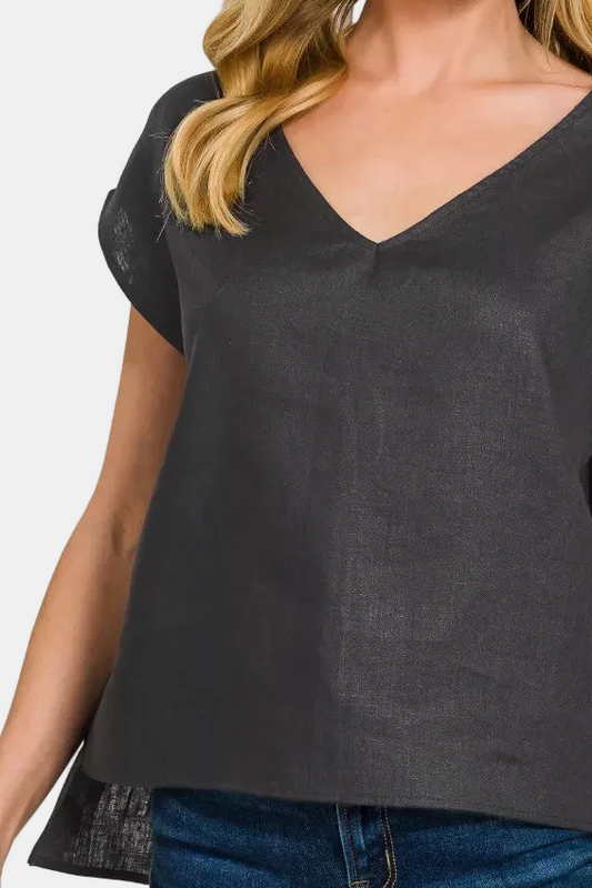 Linen V-Neck Sleeveless Top / BLACK
