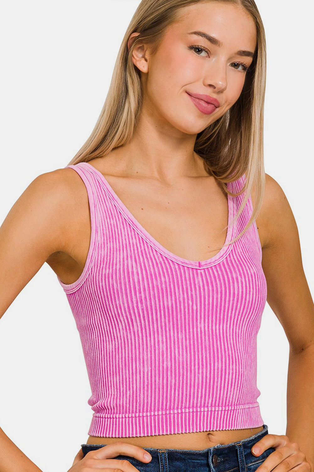 2-Way Neckline Washed Ribbed Cropped Tank Top / BRIGHT MAUVE