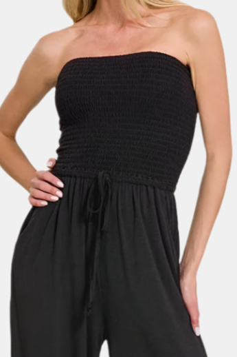 Smocked Tube Top Jumpsuit / BLACK