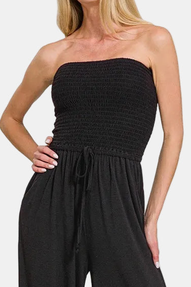 Smocked Tube Top Jumpsuit / BLACK