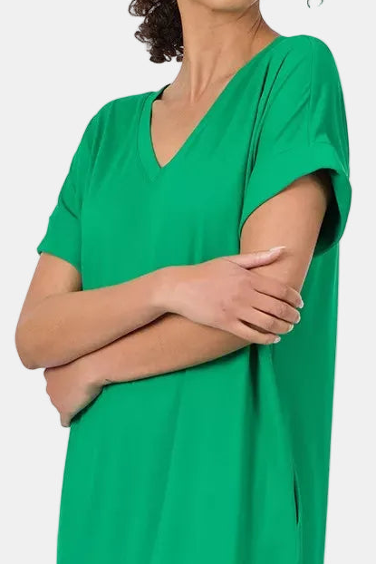 Brushed DTY Rolled Short Sleeve V-Neck Dress / K GREEN