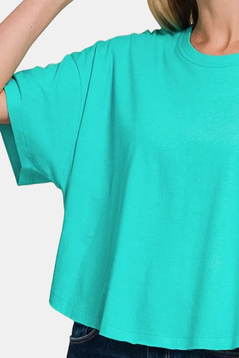 Cotton Round Neck Short Sleeve Top / TURQUOISE