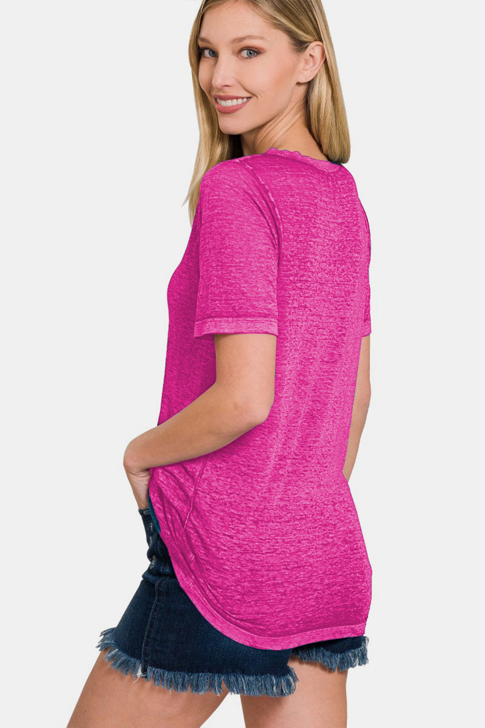 Melange Burnout Short Sleeve V Neck Top / HOT PINK