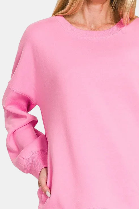 Fleece Hi-Low Boyfriend Sweatshirt with Pockets / CANDY PINK