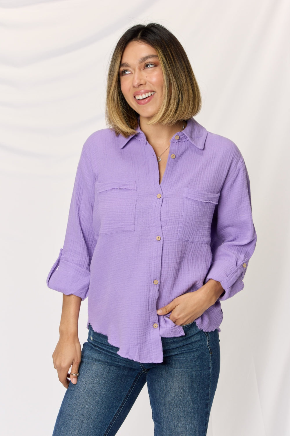 Double Gauze Button Down Roll-up Long Sleeve Shirt / LAVENDER