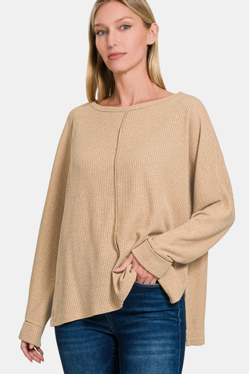 Ribbed Center Seam Dolman Sleeve Hi Low Sweater / BEIGE