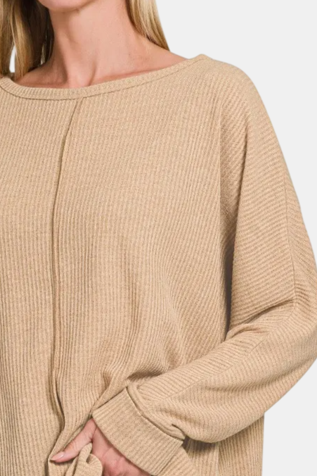 Ribbed Center Seam Dolman Sleeve Hi Low Sweater / BEIGE