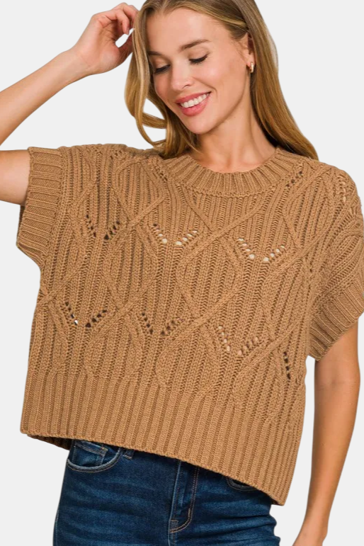 Cable Knit Short Sleeve Sweater / DEEP CAMEL