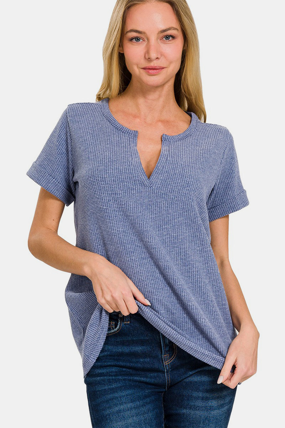 Melange Baby Waffle Henley Neck Short Sleeve Top / DENIM