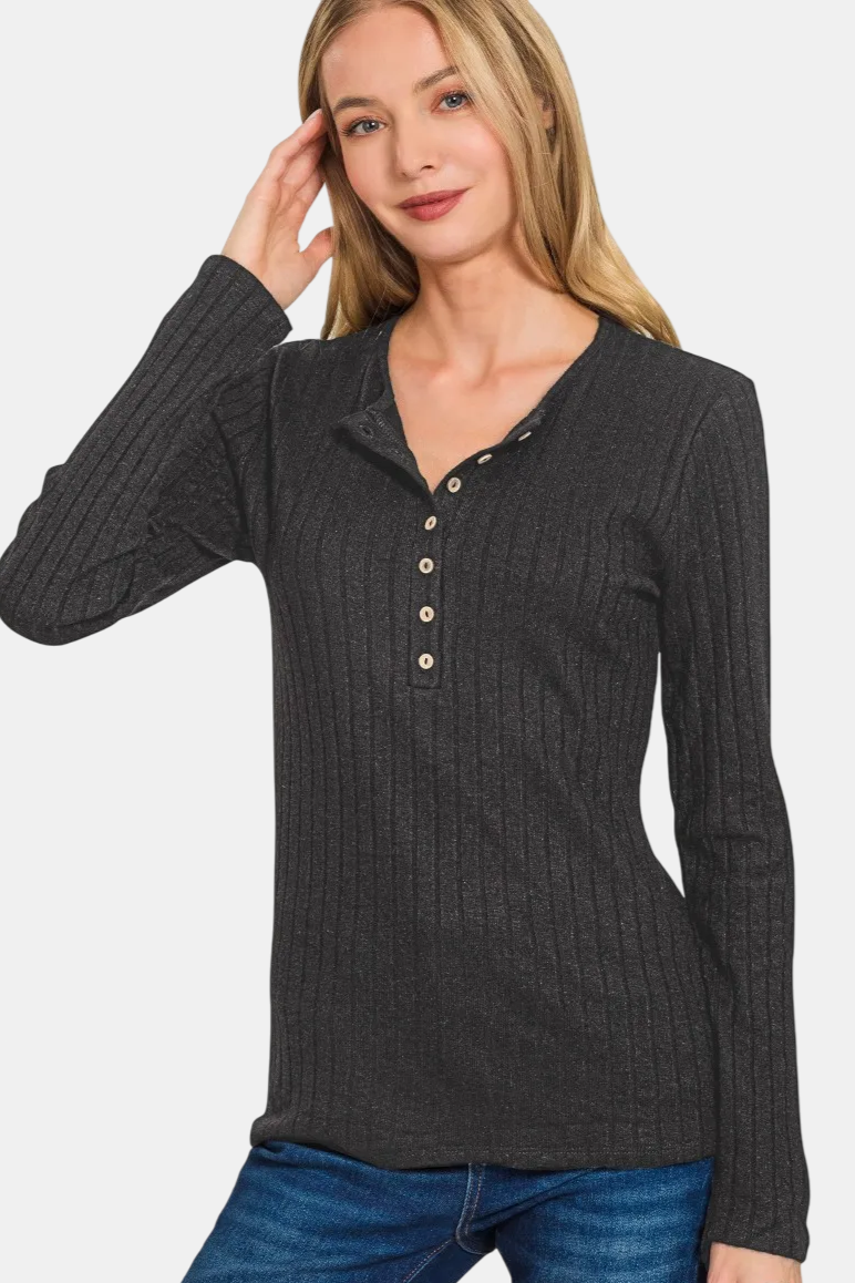 Ribbed Long Sleeve Button Down Top / BLACK