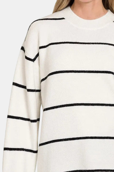 Round Neck Stripe Sweater / IVORY/BLACK