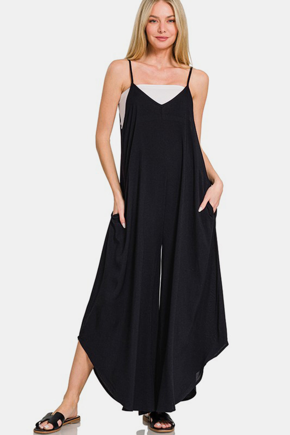 Wide Leg Rayon Challis Jumpsuit / BLACK