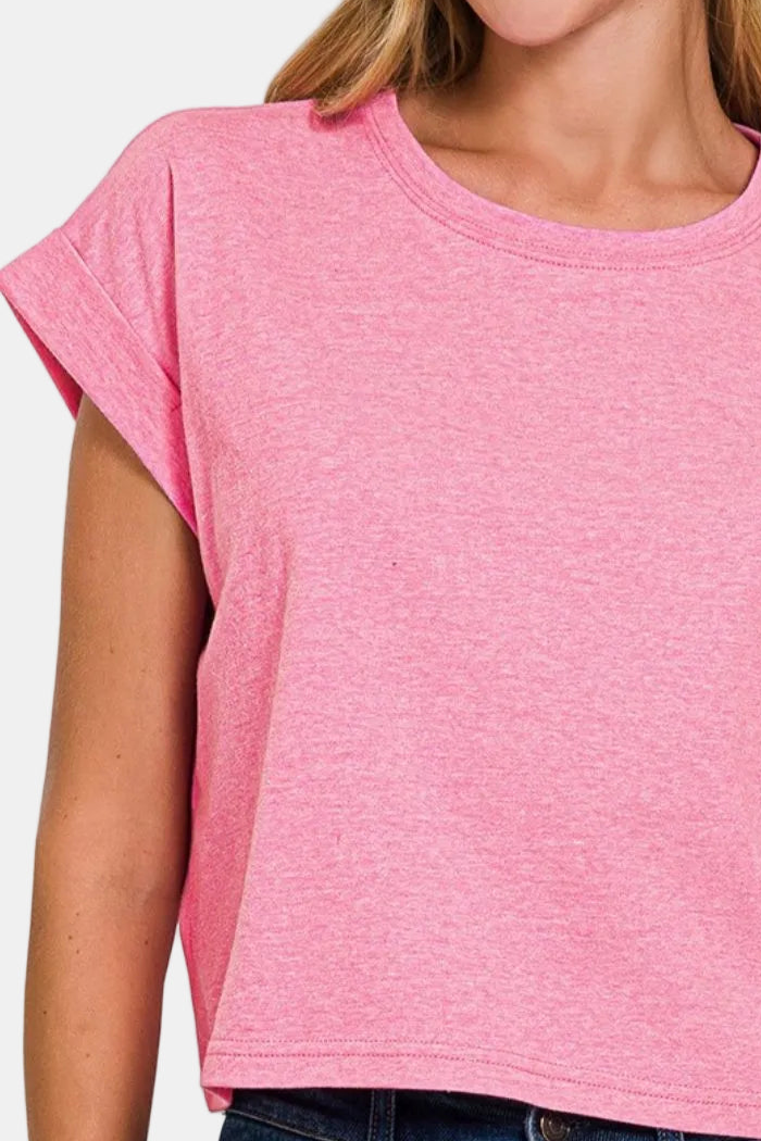 Cotton Folded Sleeve Top / H HOT PINK