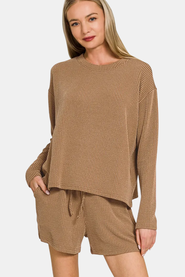 Raised Rib Long Sleeve Tee & Shorts Set / DEEP CAMEL