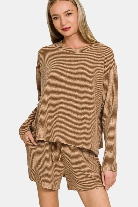 Raised Rib Long Sleeve Tee & Shorts Set / DEEP CAMEL