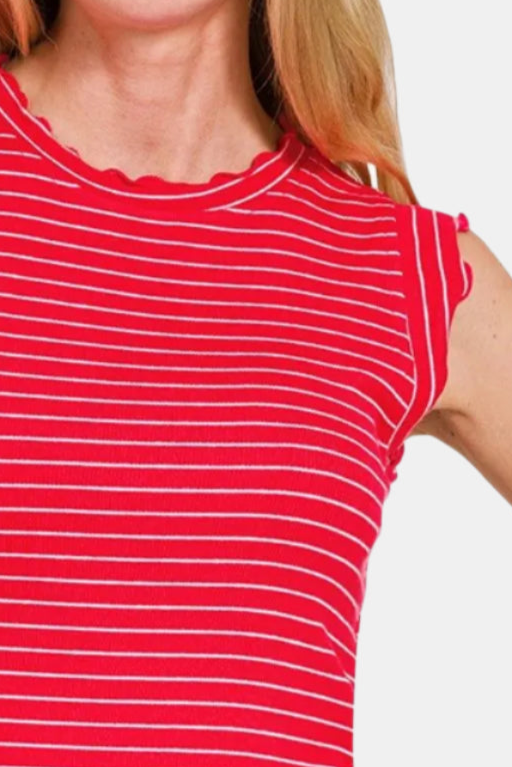Ribbed Ruffle Trim Sleeveless Stripe Top / RUBY/WHITE