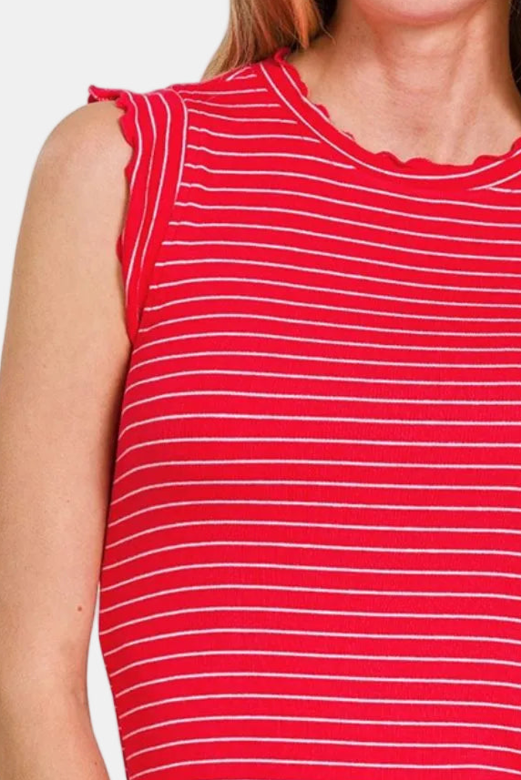 Ribbed Ruffle Trim Sleeveless Stripe Top / RUBY/WHITE