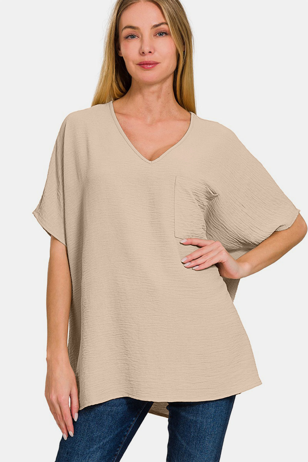 Woven Airflow V-Neck Dolman Short Sleeve Top / LT MOCHA