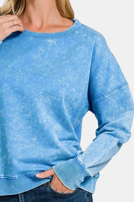 French Terry Acid Wash Boat Neck Pullover / OCEAN BLUE