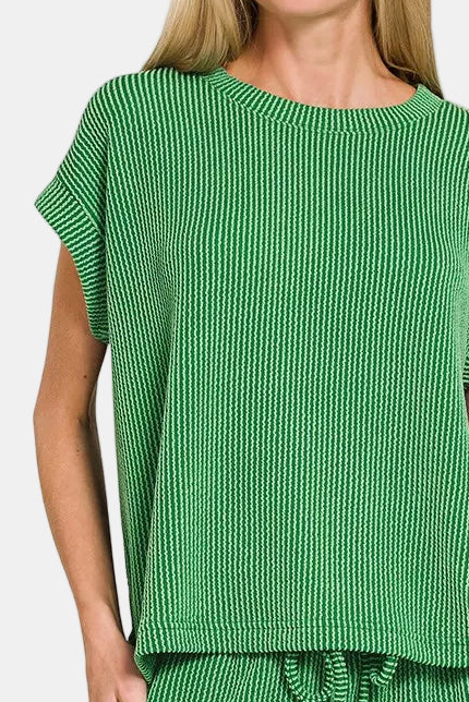 Raised Rib Cap Sleeve Top & Shorts Set / FOREST