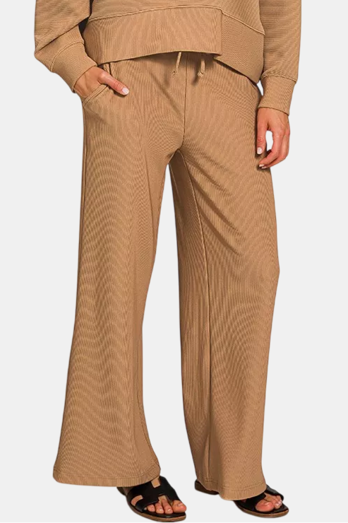 Ribbed Round Neck Pullover & Pants Set / DEEP CAMEL