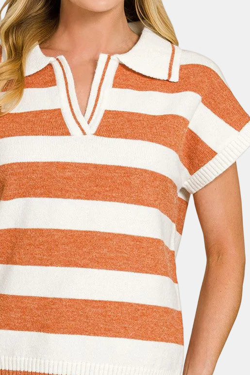 Striped Collared Short Sleeve Sweater / PERSIMMON
