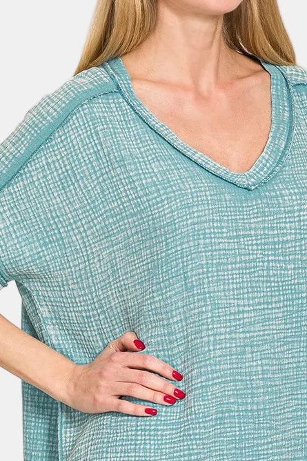 Acid Washed Double Gauze V-Neck Cuffed Short Sleeve Tee / DUSTY TEAL