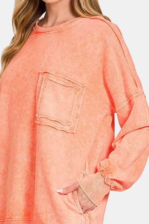 Halo Washed French Terry Exposed-Seam Sweatshirt / ORANGE