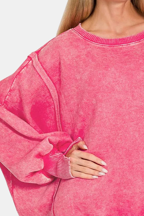 Acid Washed Batwing Sleeve Hi-Low Fleece Sweatshirt / FUCHSIA