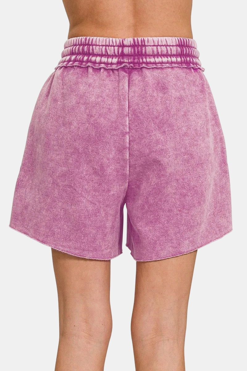 Acid Wash Fleece Drawstring Shorts With Pockets / LT CEMENT