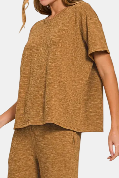 Slub Short Sleeve Top & Pants Set / DEEP CAMEL