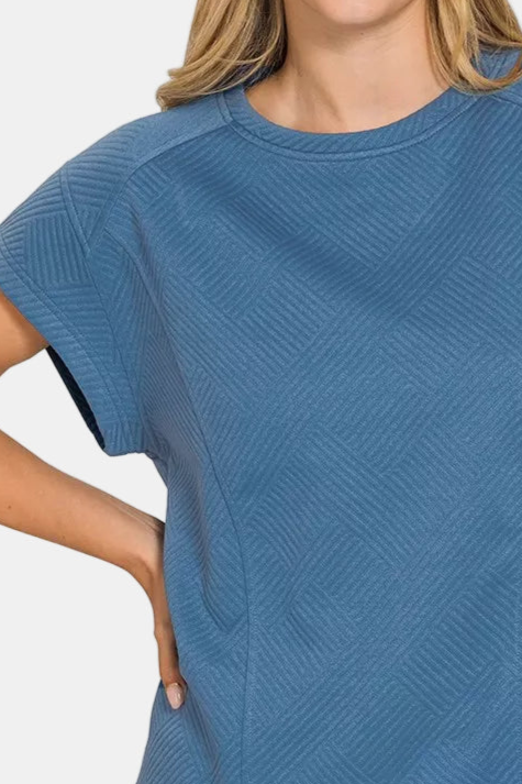 Textured Knit Jacquard Short Sleeve Top / DUSTY BLUE