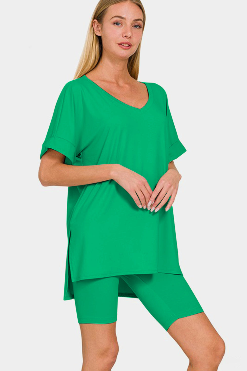 Brushed DTY Microfiber V-Neck Top & Biker Shorts Set