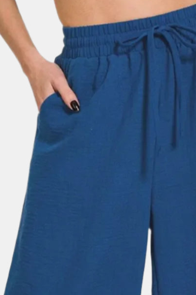 Woven Crepe Elastic Band Waist Cropped Pants / LT NAVY