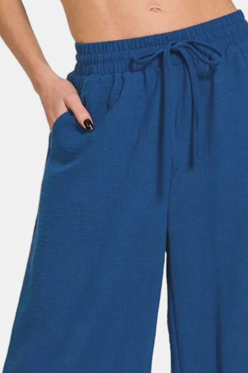 Woven Crepe Elastic Band Waist Cropped Pants / LT NAVY