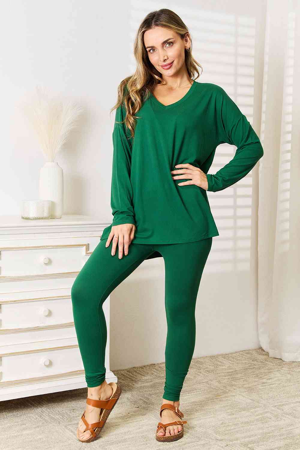 Brushed DTY Microfiber Loungewear Set (V-Neck Long Sleeve) / DK GREEN