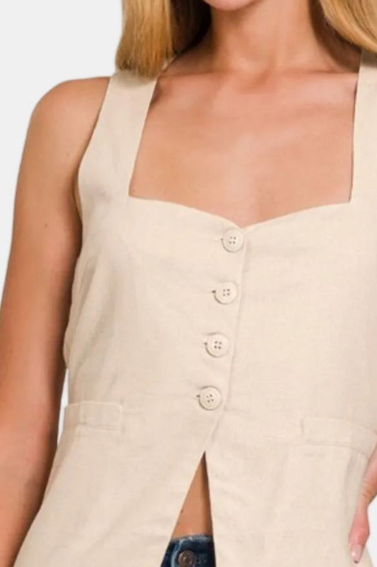 Linen Tie-back 4-Button Vest with Lining / SAND BEIGE