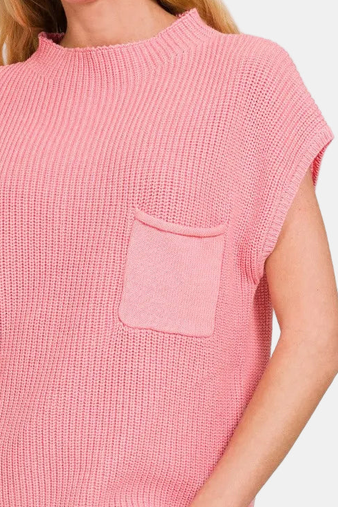 Mock Neck Short Sleeve Sweater / DK PINK