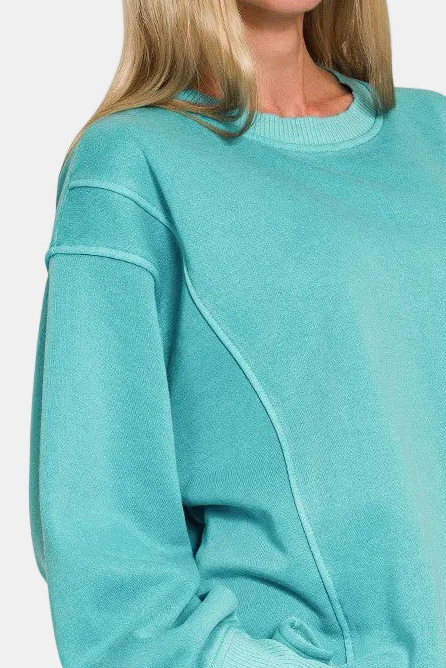 Pigment Dye Exposed-Seam Fleece Sweatshirt / TURQUOISE