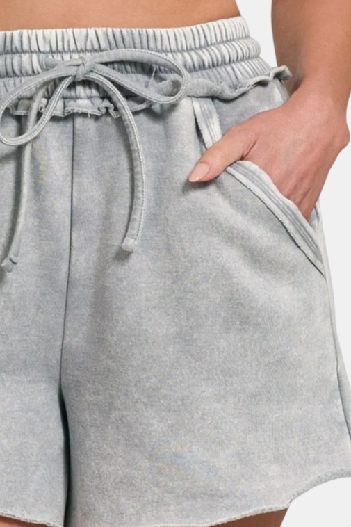 Acid Wash Fleece Drawstring Shorts With Pockets / SLEET