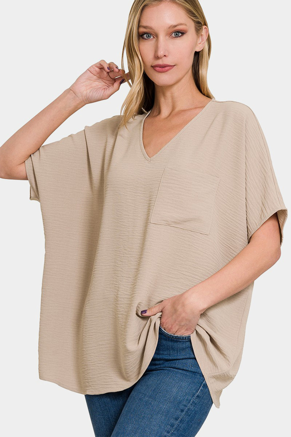 Woven Airflow V-Neck Dolman Short Sleeve Top / LT MOCHA