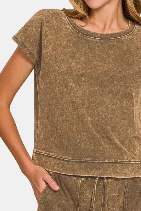 Premium Cotton Washed Sleeveless Top & Shorts Set / BROWN